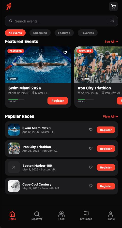 RACE mobile app home screen showing featured endurance events including Swim Miami 2026, Iron City Triathlon, and popular races
